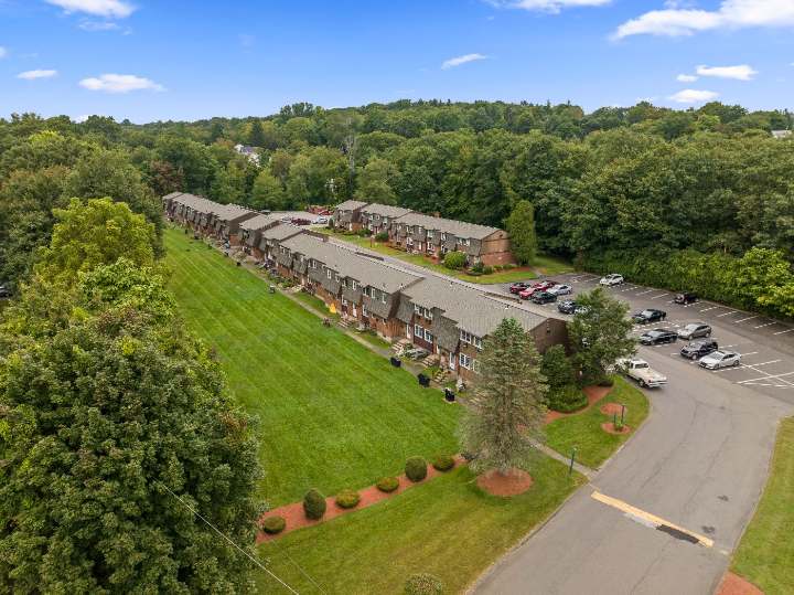 Aerial view of the buildings and lawn surrounded by trees