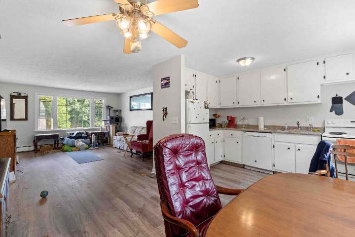 Open kitchen and living area with wood-look flooring
